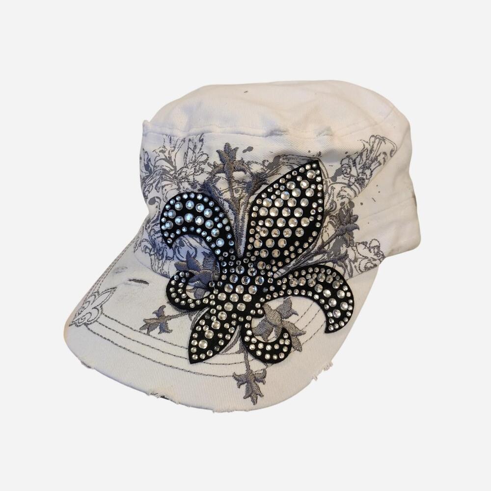 Y2K distressed White & black rhinestone fleur-de-lis cap with black floral desig